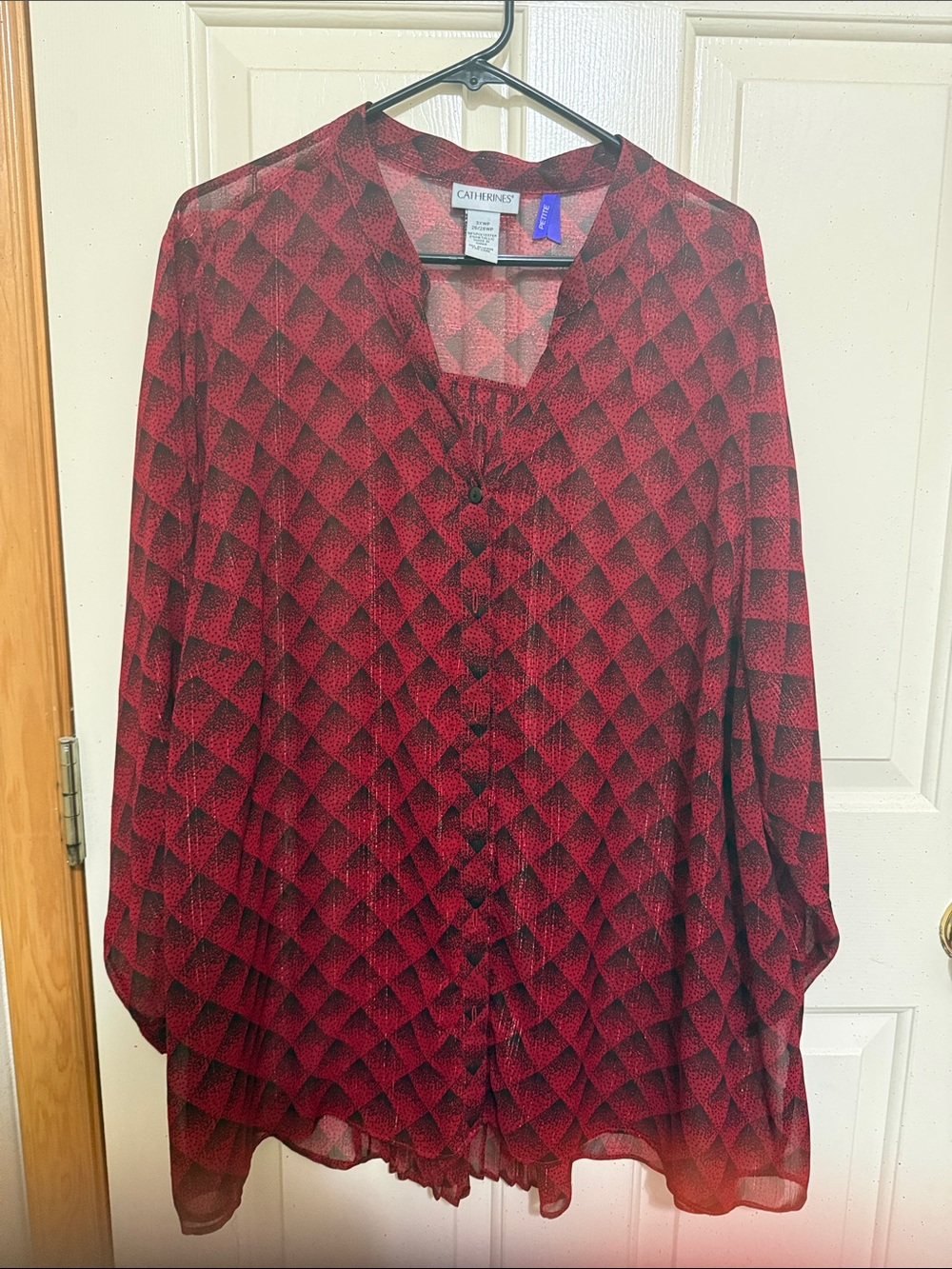 Catherines Red & Black Diamond-Print Button Blouse
